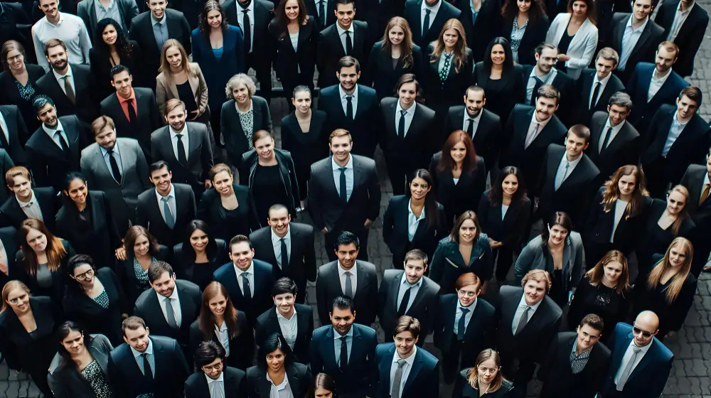 Grupo de pessoas vestidas com roupas formais olhando para cima.