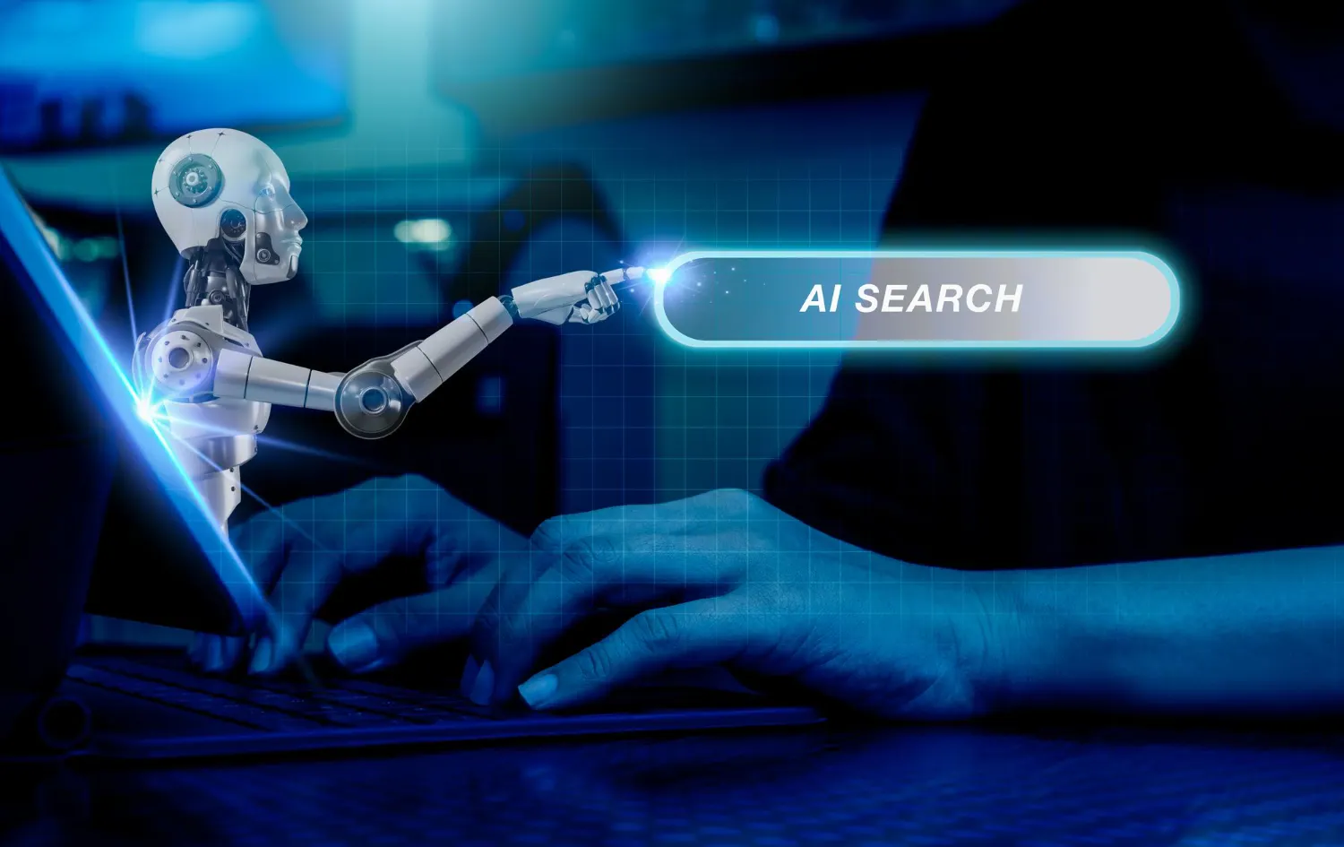 Robô interage com interface de busca de inteligência artificial.
