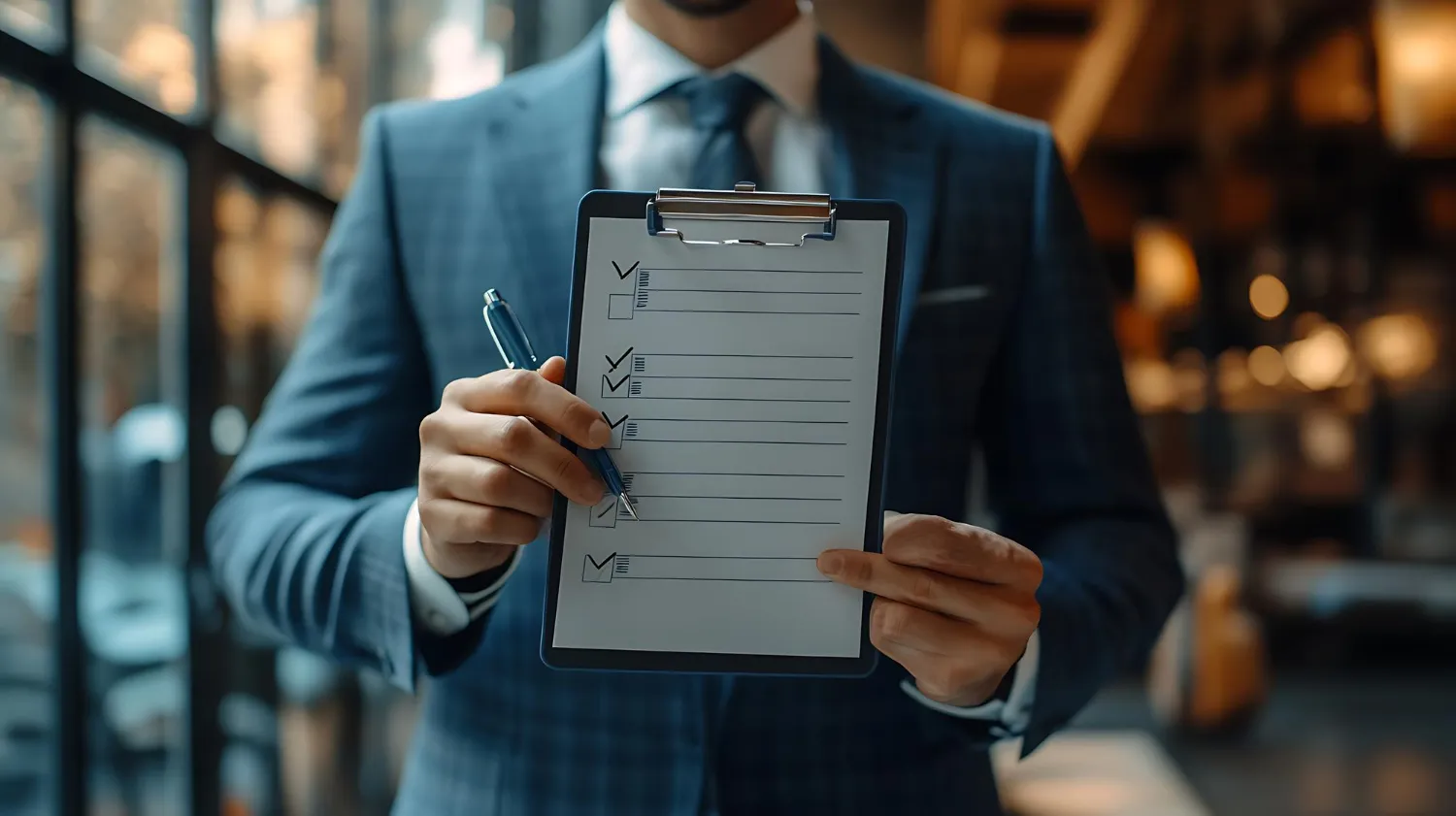 Homem de terno aponta para checklist, definindo a frequência ideal para publicar posts em blog jurídico.