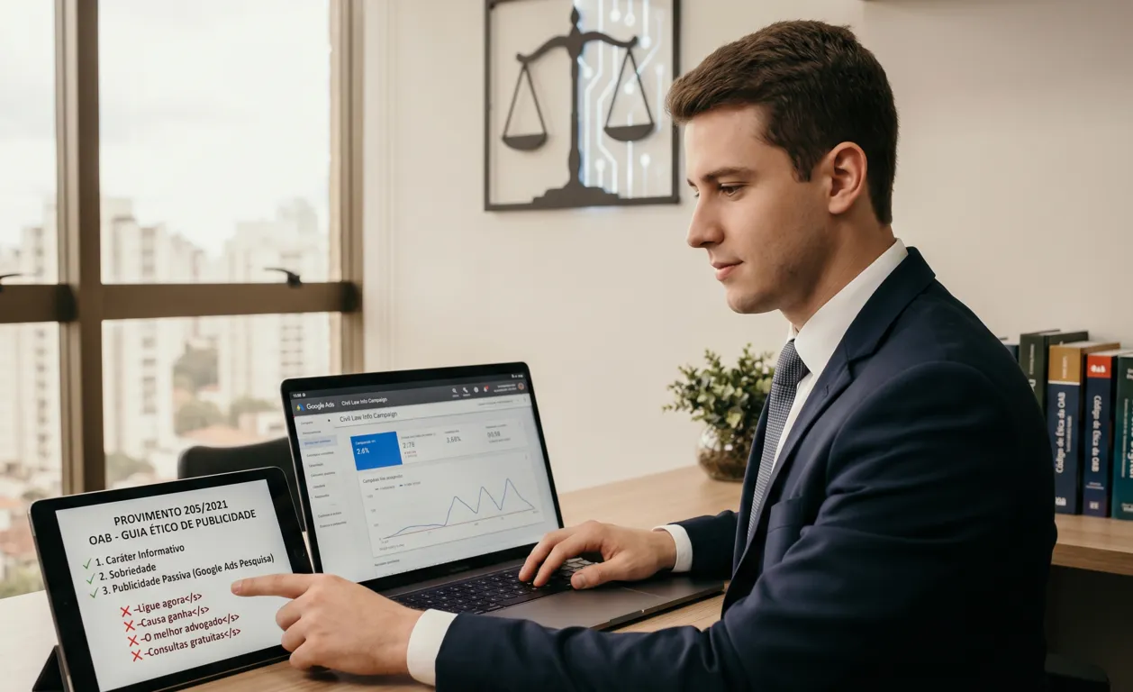 Advogado analisa guia ético e Google Ads para advogados iniciantes passo a passo.