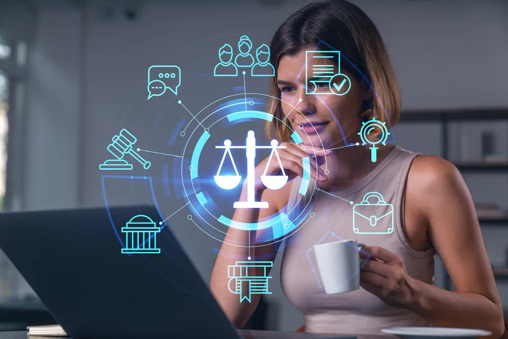 Mulher com xícara analisa ícones de marketing para advogados em tela digital.