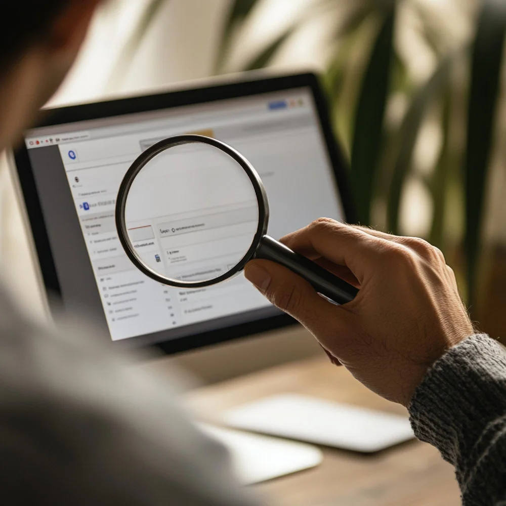 Homem com lupa analisa tela de computador buscando palavras-chave para Google Ads.