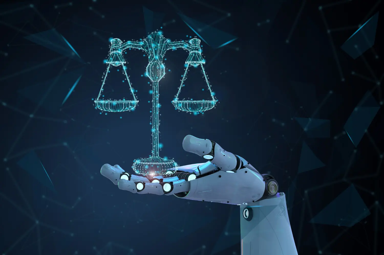 Braço robótico segura balança da justiça digital, simbolizando como criar um assistente virtual no WhatsApp para escritório de advocacia.