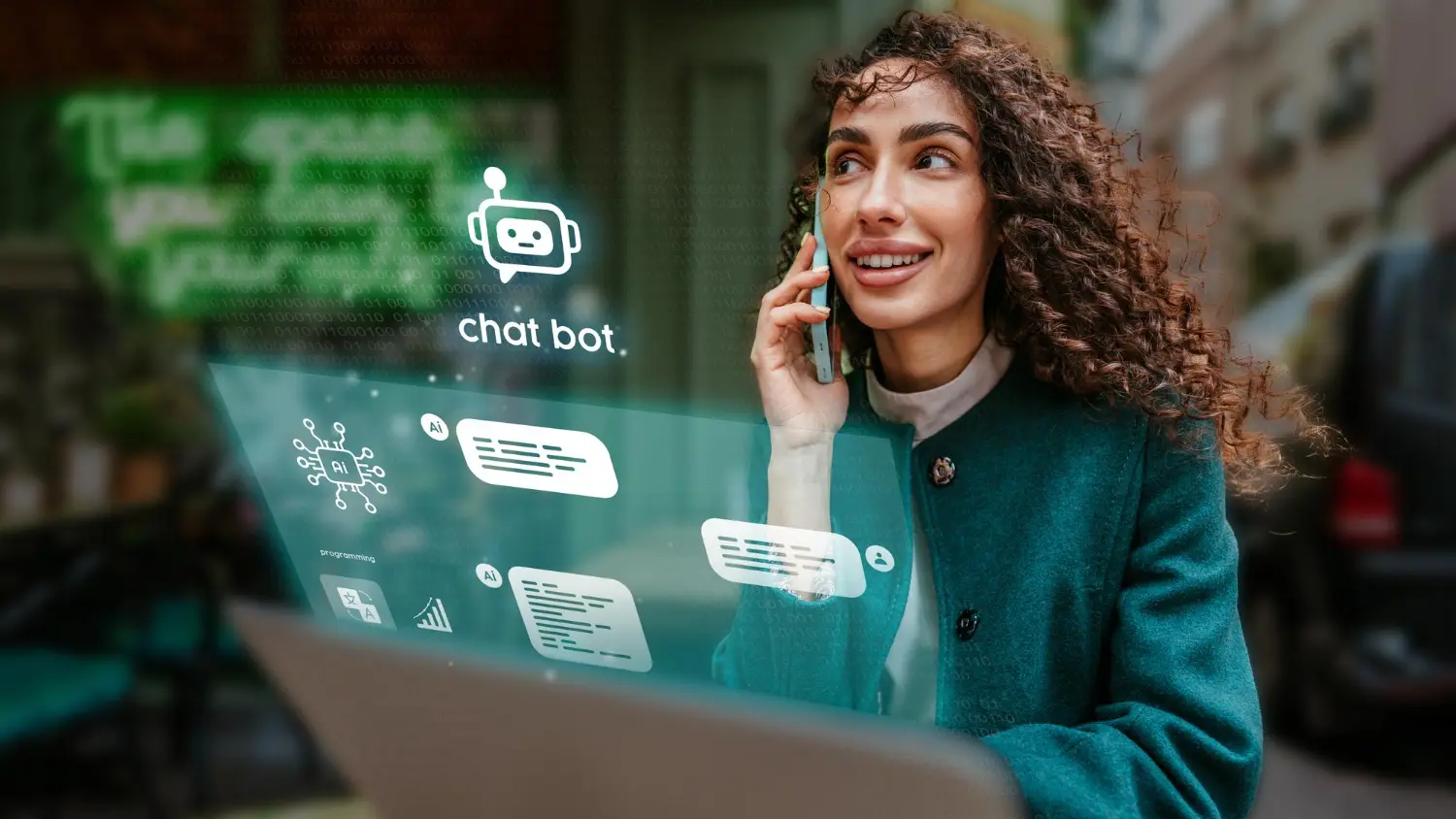 Mulher usa celular com interface de chatbot para criar assistente virtual no escritório.
