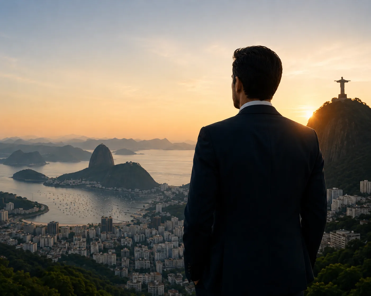 Homem de terno contempla o Rio de Janeiro, ideal para google ads advocacia rj.
