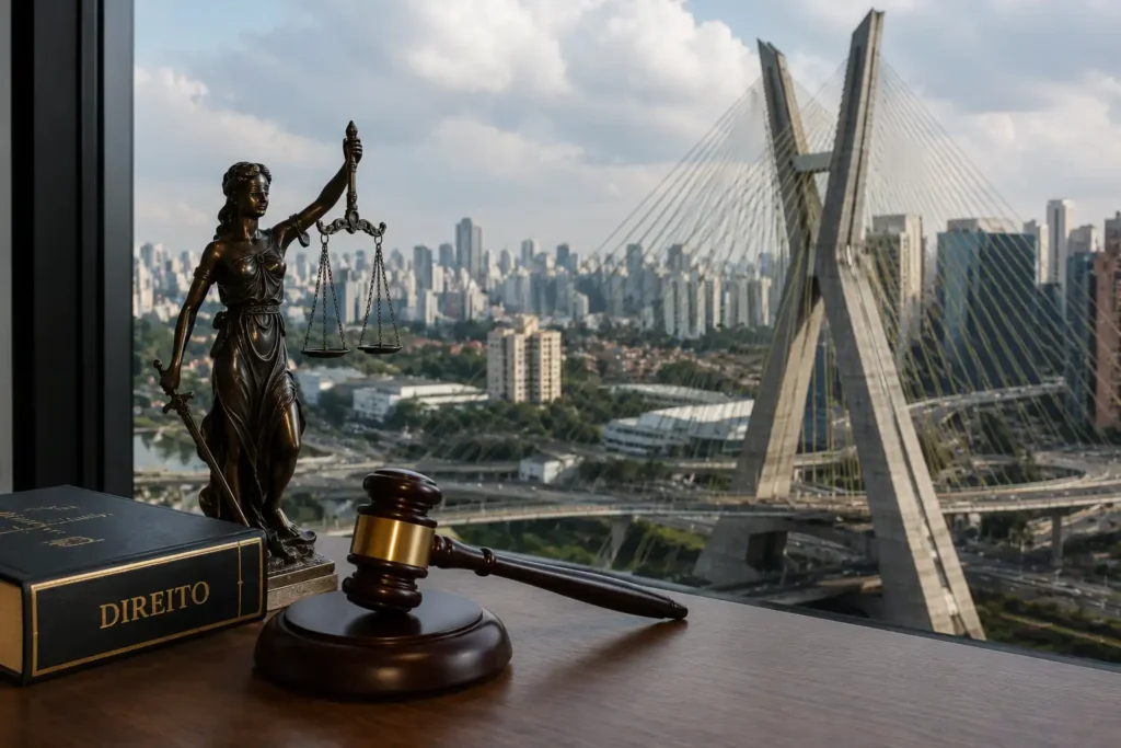 Estátua da Justiça, martelo e livro de Direito com vista para o Google Ads advocacia SP.