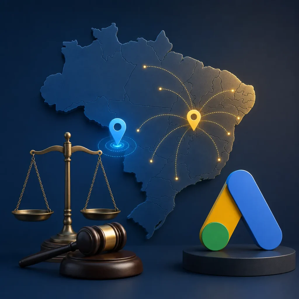 Balança da justiça e martelo com mapa do Brasil para Google Ads para Advogados local ou nacional.