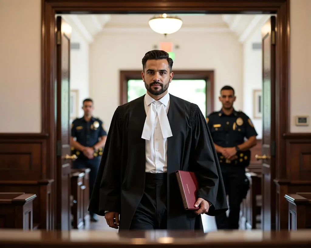 Advogado com toga e livro busca melhores palavras-chave para Google Ads Advocacia Criminalista.