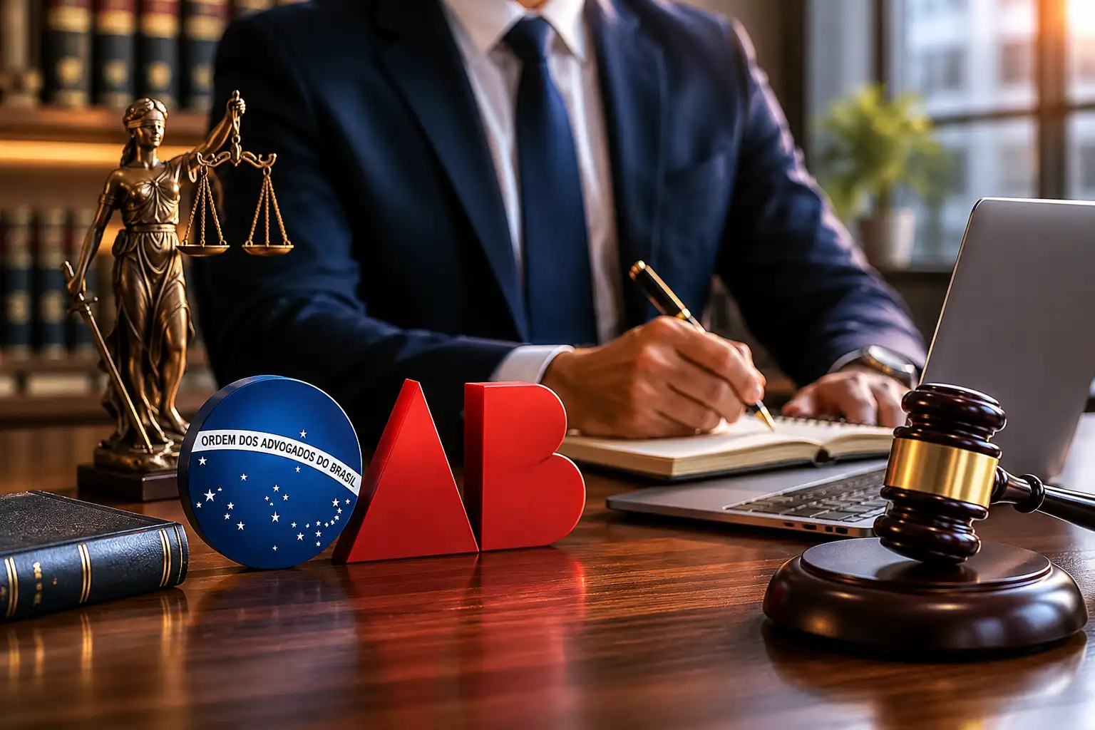 Advogado escreve em caderno com provimento 205/2021 OAB e martelo de juiz.