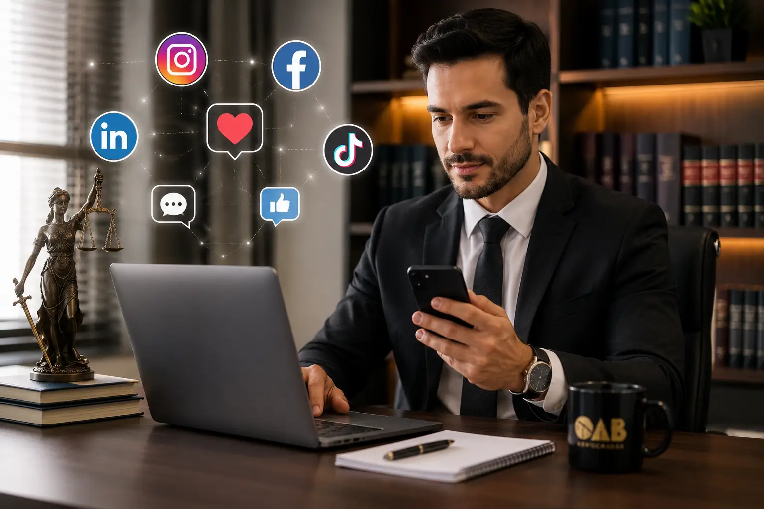 Advogado usa celular e laptop, com ícones de redes sociais e provimento 205/2021 OAB.