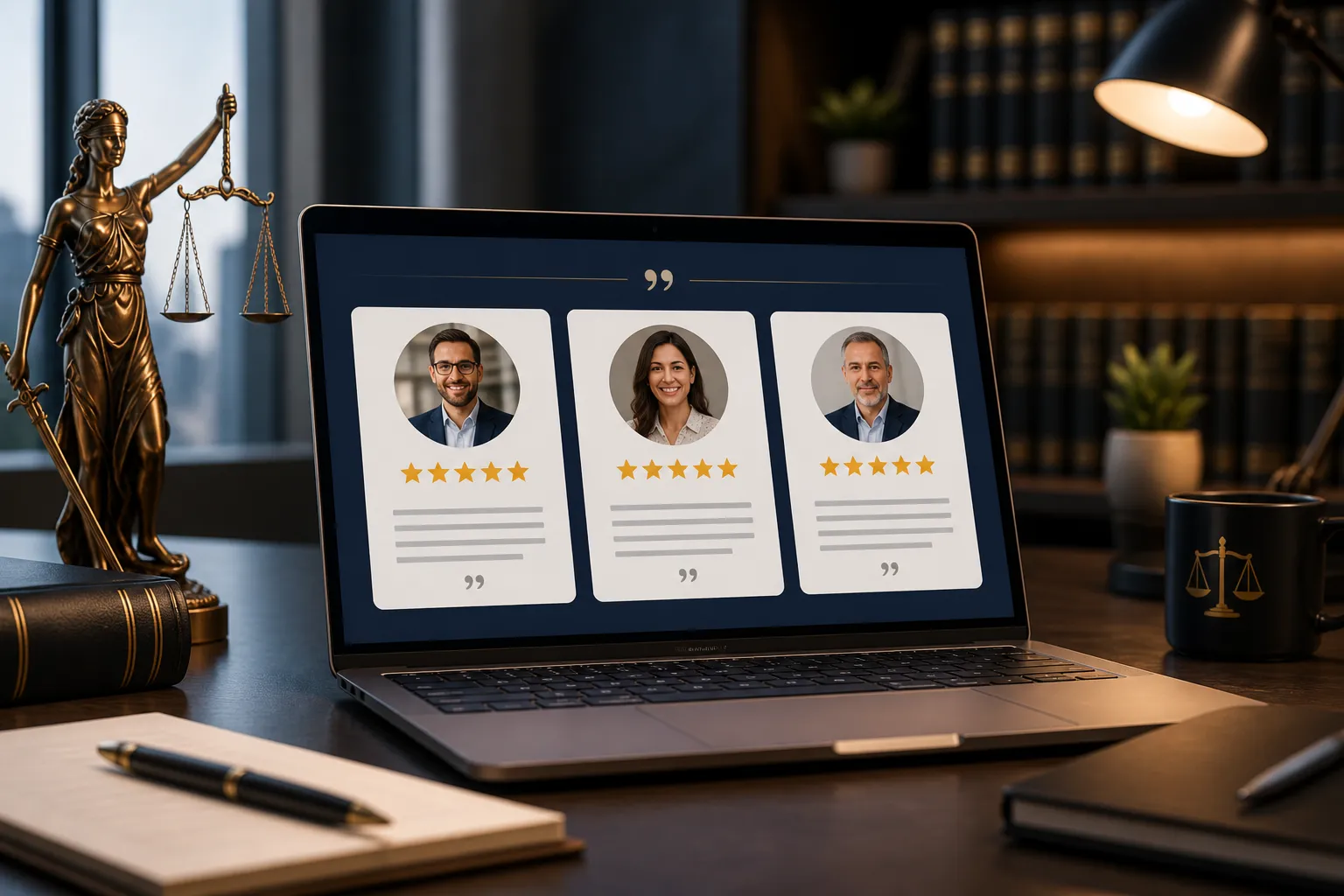 Laptop exibe depoimentos de clientes, mostrando que um site de advogado pode ter depoimentos.