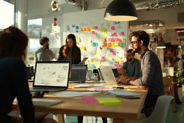 Equipe em reunião discute como escolher uma agência de marketing para advogado.