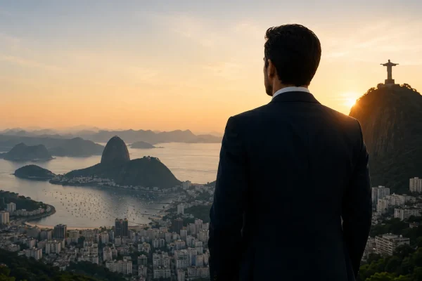 Homem de terno contempla o Rio de Janeiro, ideal para google ads advocacia rj.