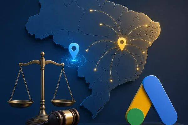 Balança da justiça e martelo com mapa do Brasil para Google Ads para Advogados local ou nacional.